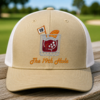 The 19th Hole Embroidered Trucker Hat - Front View, Khaki - White