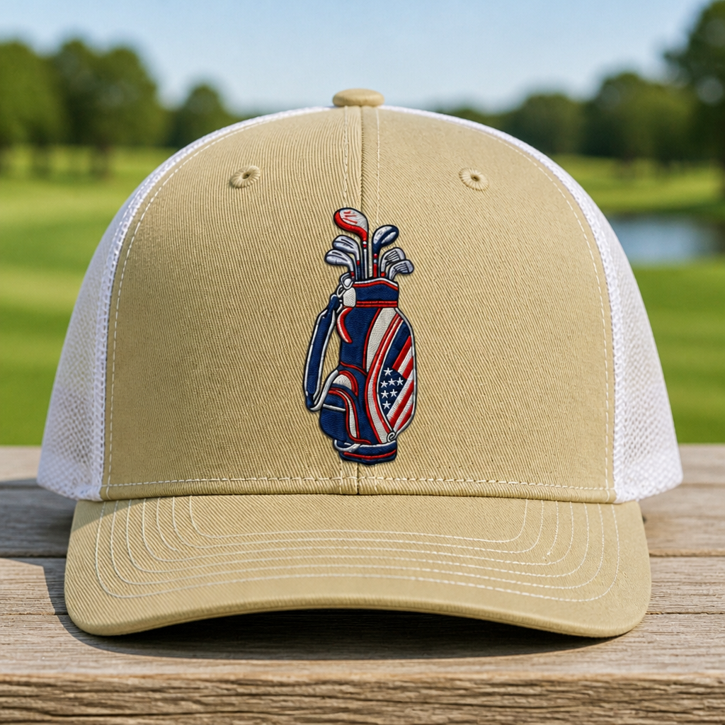Patriot Caddie Embroidered Trucker Hat - Front View, Khaki - White