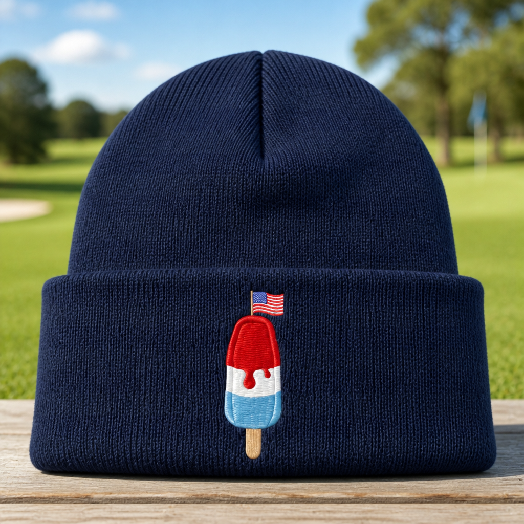 Freedom Pop Embroidered Beanie - Front View, Navy