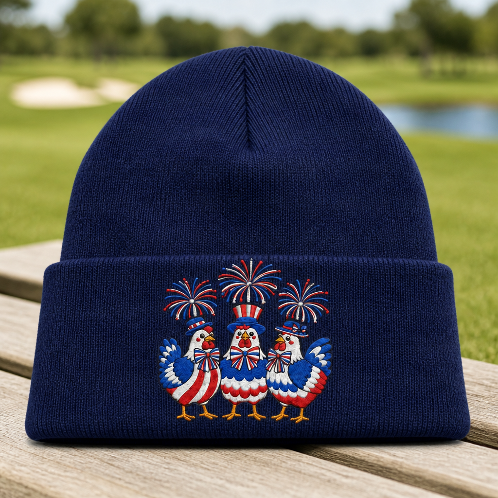 Red, White & Cluck Embroidered Beanie - Front View, Navy