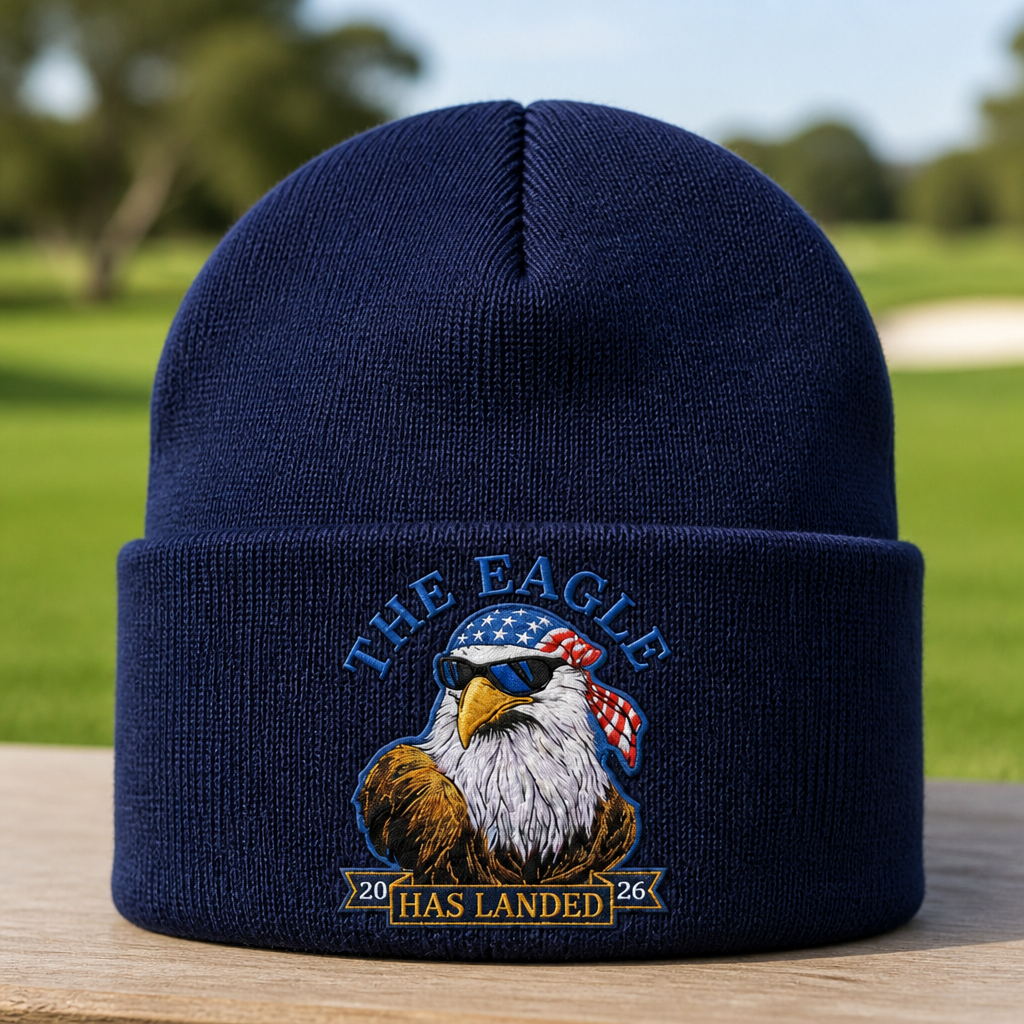 Freedom Has Landed Embroidered Beanie - Front View, Navy