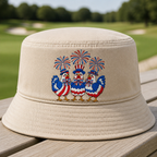 Red, White & Cluck Embroidered Bucket Hat - Front View, Khaki