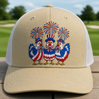 Red, White & Cluck Embroidered Trucker Hat - Front View, Khaki - White