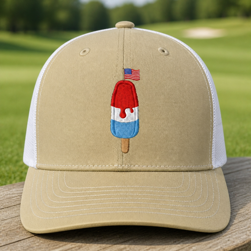 Freedom Pop Embroidered Trucker Hat - Front View, Khaki - White
