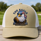 Freedom Has Landed Embroidered Trucker Hat - Front View, Khaki - White