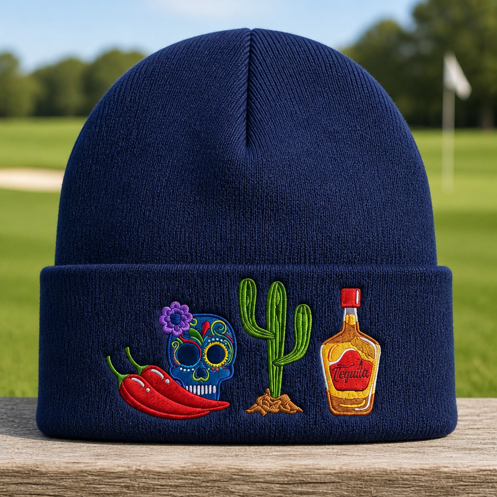 Desert Fiesta Embroidered Beanie - Front View, Navy