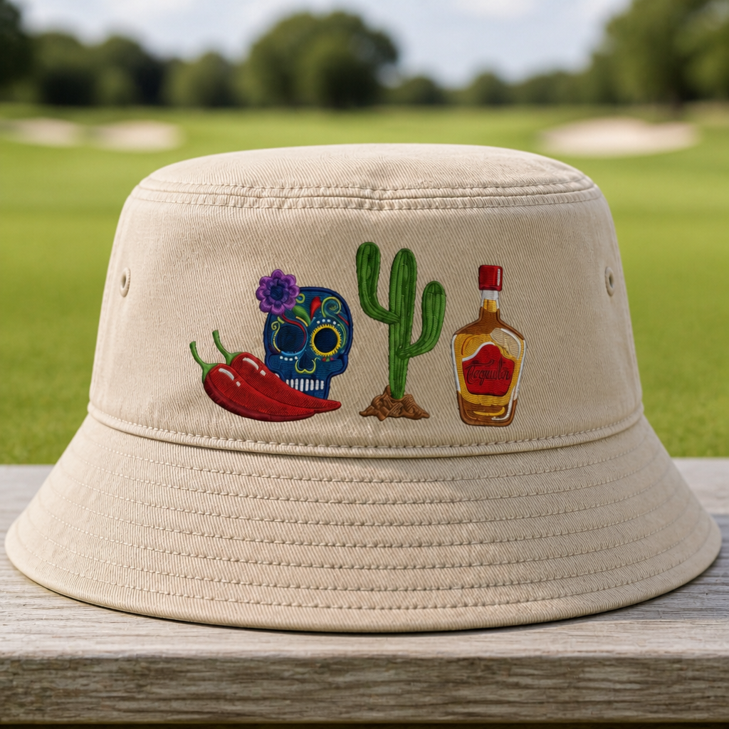 Desert Fiesta Embroidered Bucket Hat - Front View, Khaki