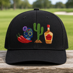 Desert Fiesta Embroidered Trucker Hat - Front View, Khaki - White