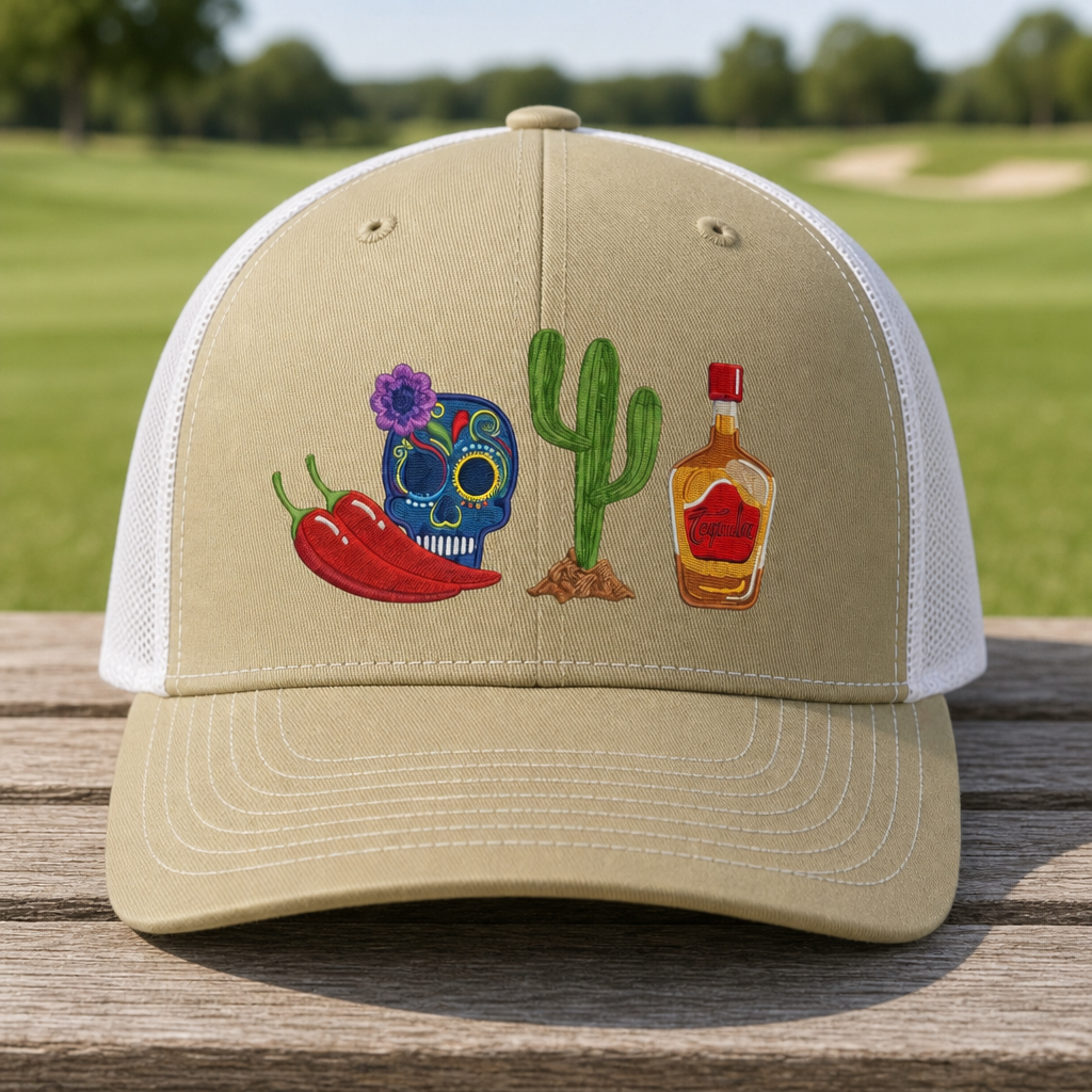 Desert Fiesta Embroidered Trucker Hat - Front View, Khaki - White