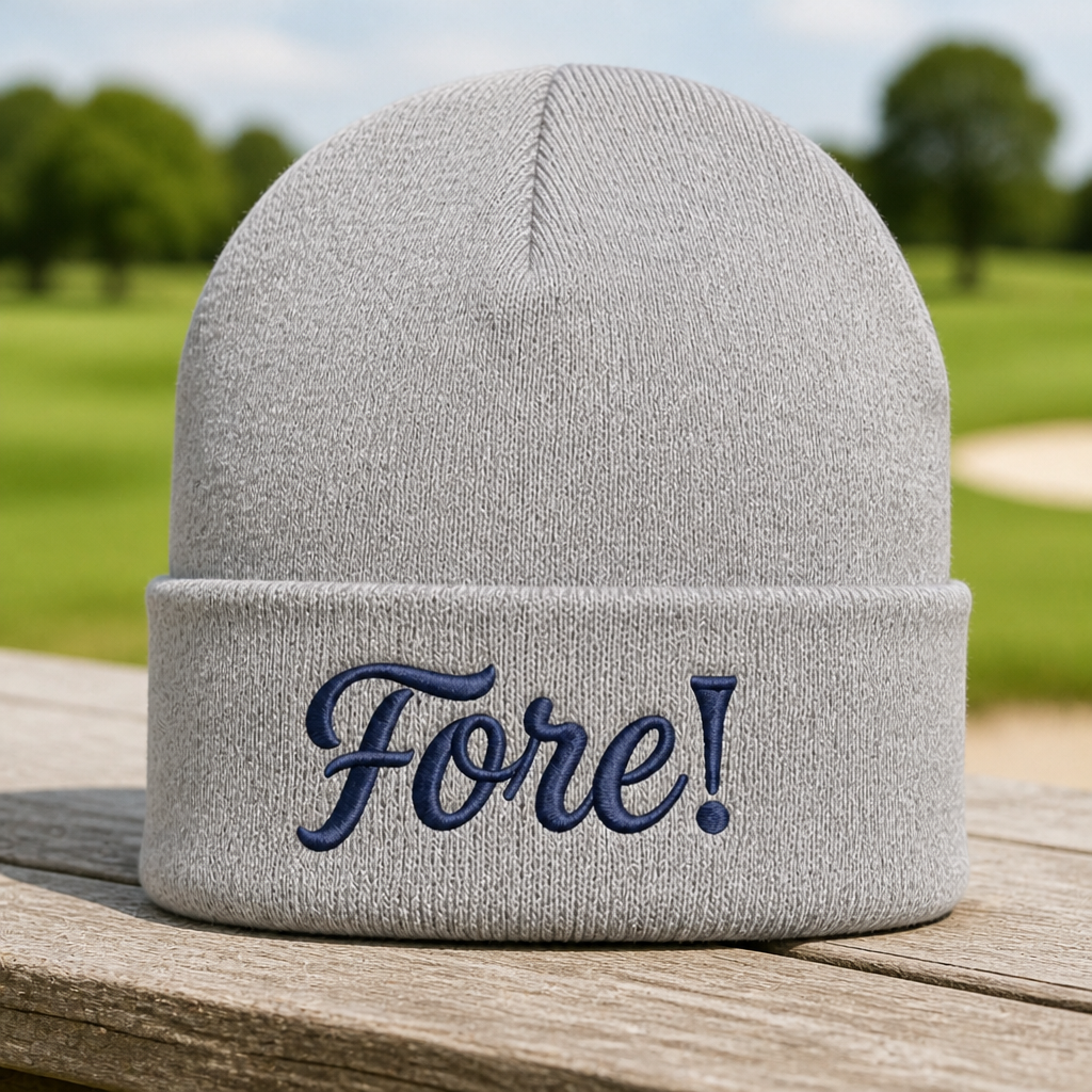FORE! Embroidered Beanie - Front View, Sport Grey