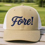 FORE! Embroidered Trucker Hat - Front View, Khaki - White