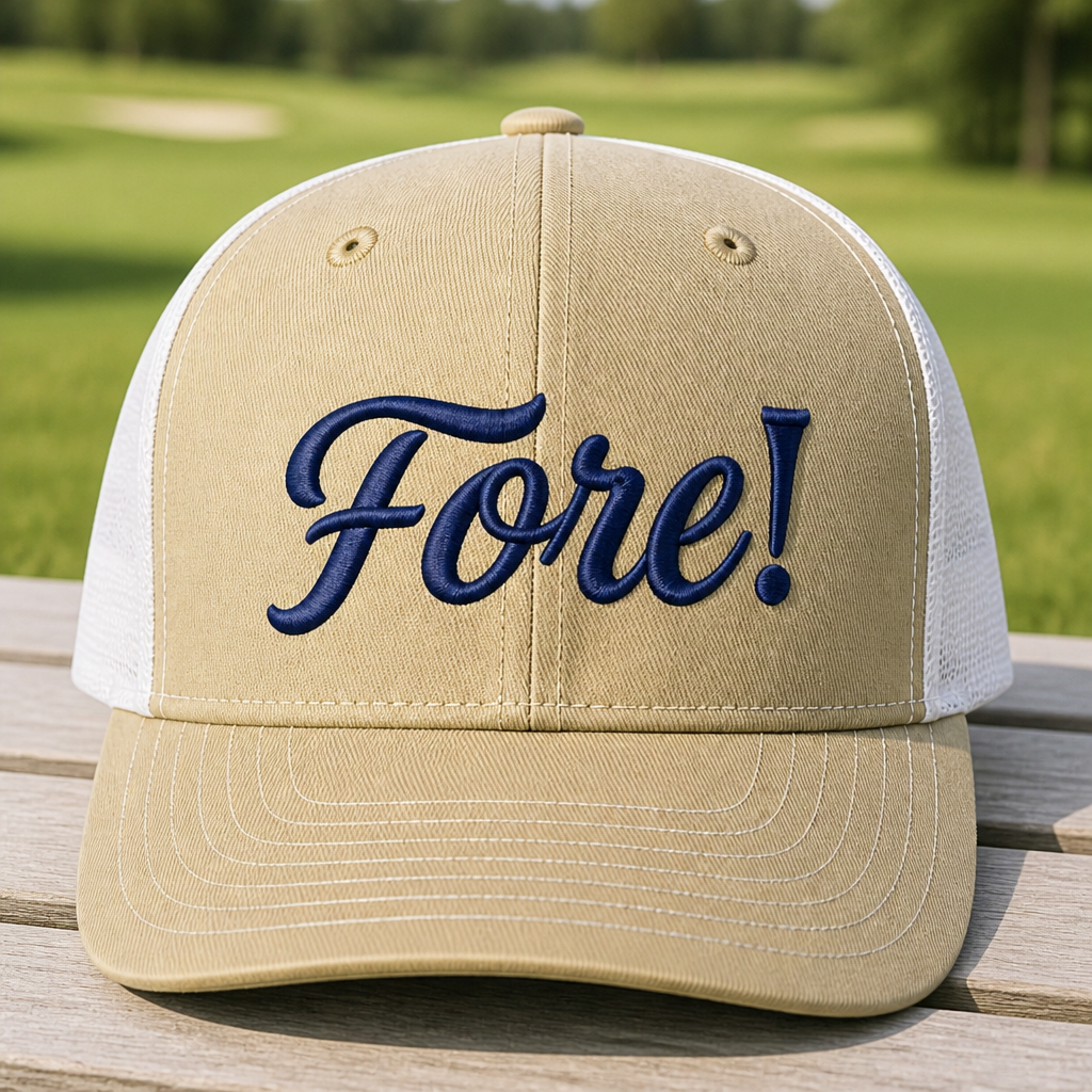 FORE! Embroidered Trucker Hat - Front View, Khaki - White