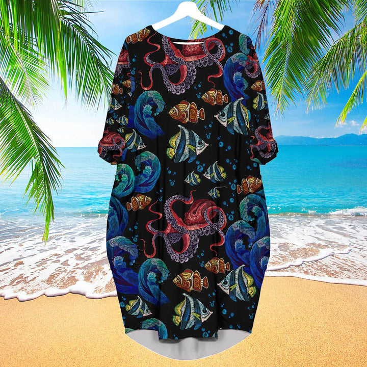 Octopus Sea Wave Tropical Fishes Pattern Long Sleeve Midi Dress | MD1742