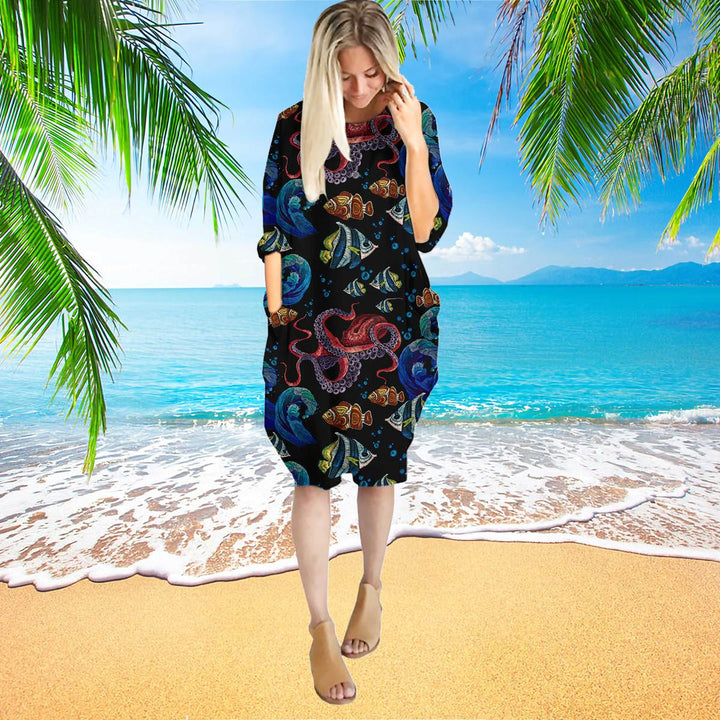 Octopus Sea Wave Tropical Fishes Pattern Long Sleeve Midi Dress | MD1742