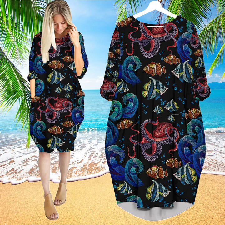 Octopus Sea Wave Tropical Fishes Pattern Long Sleeve Midi Dress | MD1742