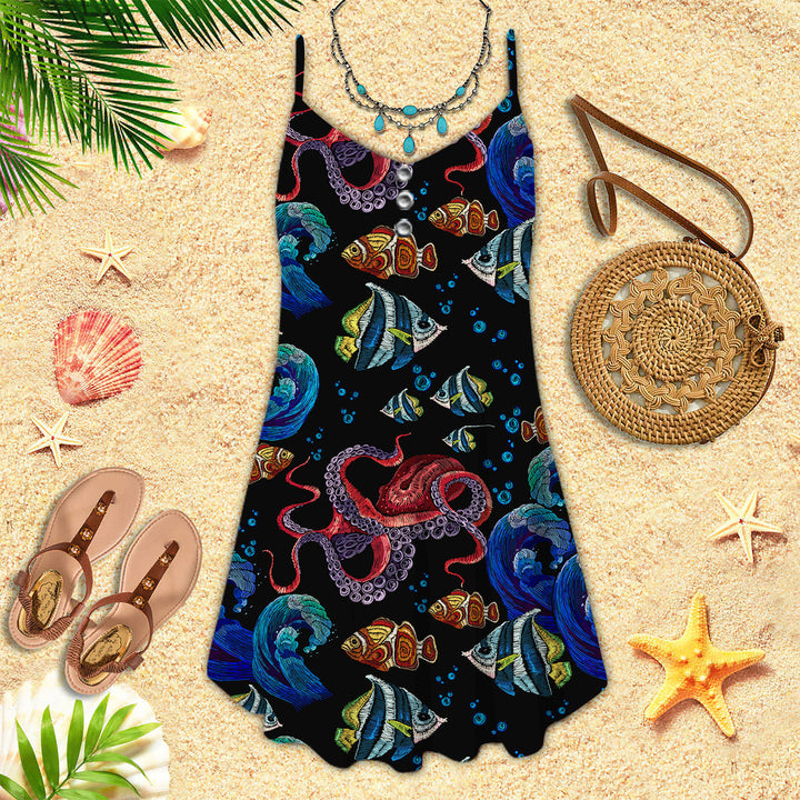 Octopus Sea Wave Tropical Fishes Spaghetti Strap Summer Dress | SD1742