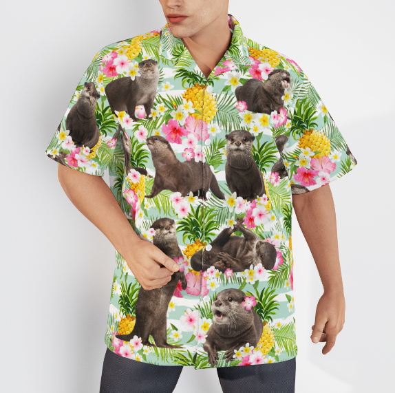 Otter Lover Tropical Pineapple Flower Palm Leaves Pattern Aloha Hawaiian Shirts For Men And For Women WT1782