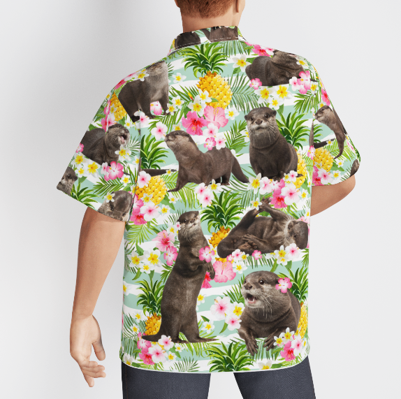 Otter Lover Tropical Pineapple Flower Palm Leaves Pattern Aloha Hawaiian Shirts For Men And For Women WT1782