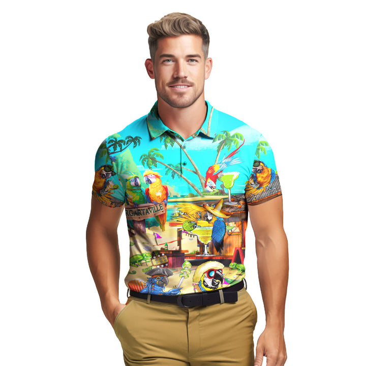 Funny Parrot In Summer Beach Party Cocktail Margaritaville Polo Shirt For Men