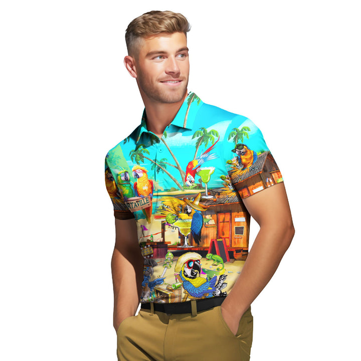 Funny Parrot In Summer Beach Party Cocktail Margaritaville Polo Shirt For Men