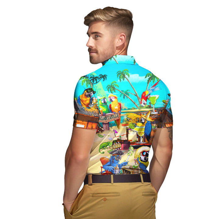 Funny Parrot In Summer Beach Party Cocktail Margaritaville Polo Shirt For Men