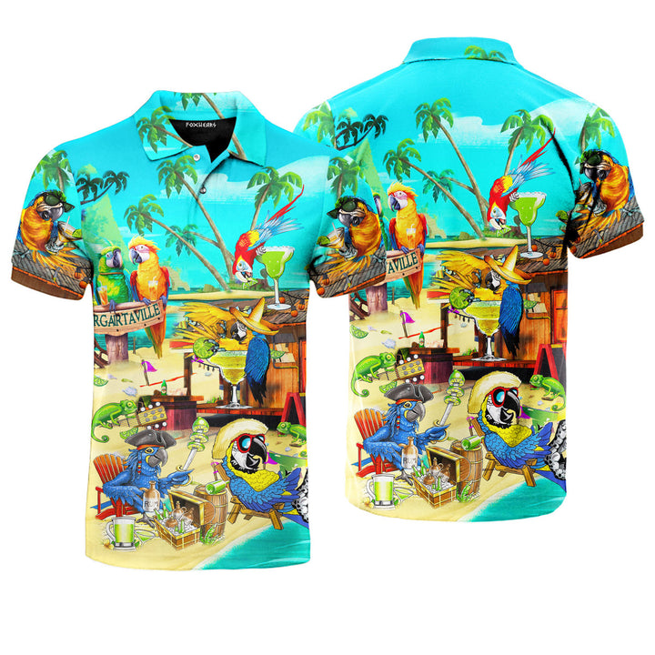 Funny Parrot In Summer Beach Party Cocktail Margaritaville Polo Shirt For Men