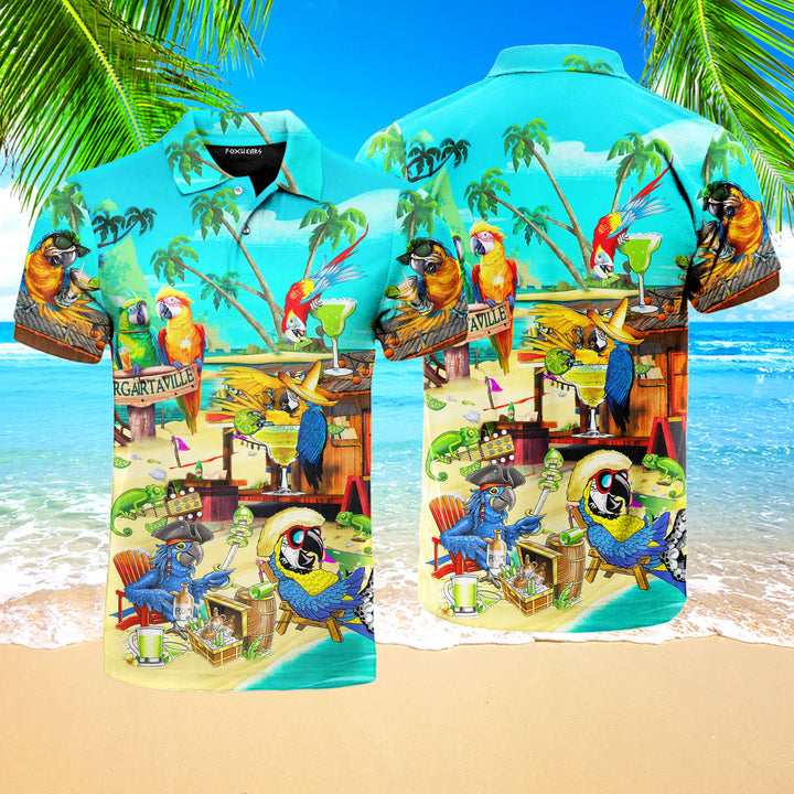 Funny Parrot In Summer Beach Party Cocktail Margaritaville Polo Shirt For Men