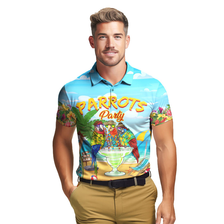 Parrots Party Drink Cocktail Tropical Polo Shirt For Men