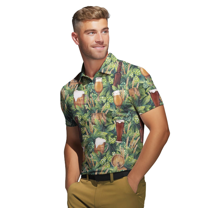 Oktoberfest Hops And Craft Beer Barley Pattern Green Polo Shirt For Men