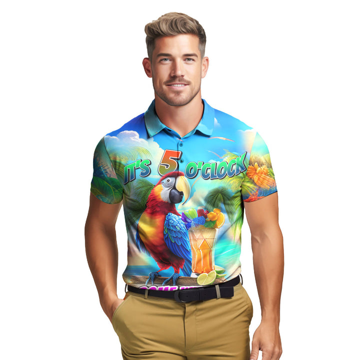 It's Five O'Clock Somewhere Tropical Parrot Polo Shirt For Men