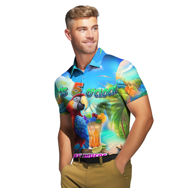 It's Five O'Clock Somewhere Tropical Parrot Polo Shirt For Men