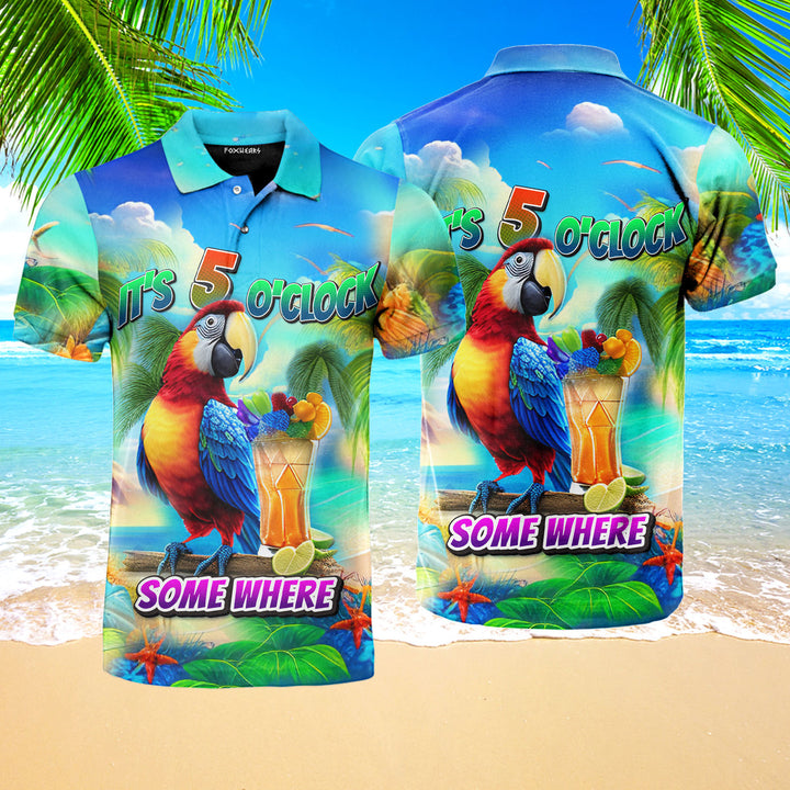 It's Five O'Clock Somewhere Tropical Parrot Polo Shirt For Men