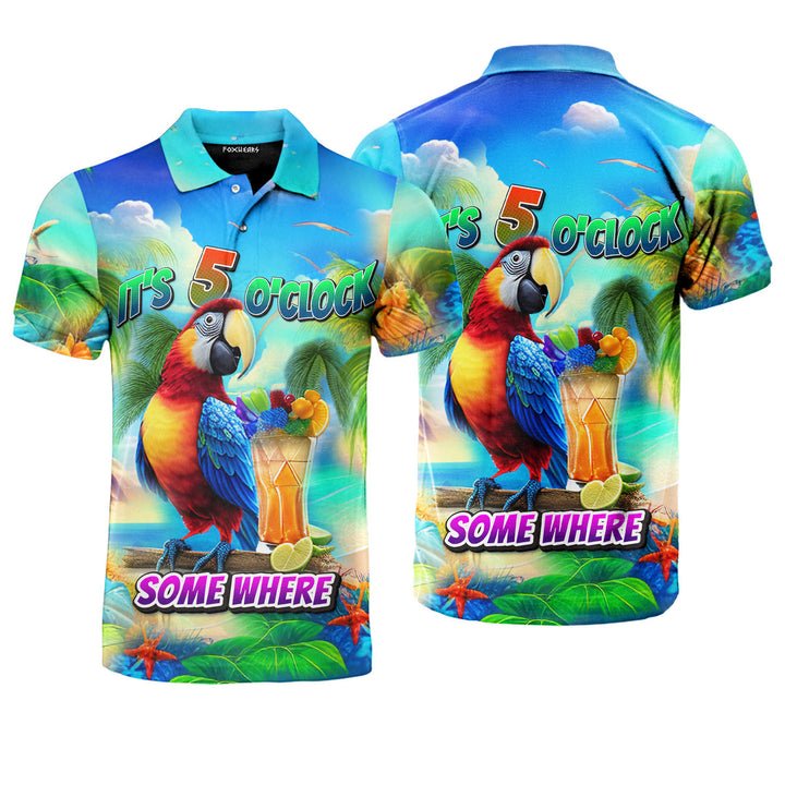 It's Five O'Clock Somewhere Tropical Parrot Polo Shirt For Men