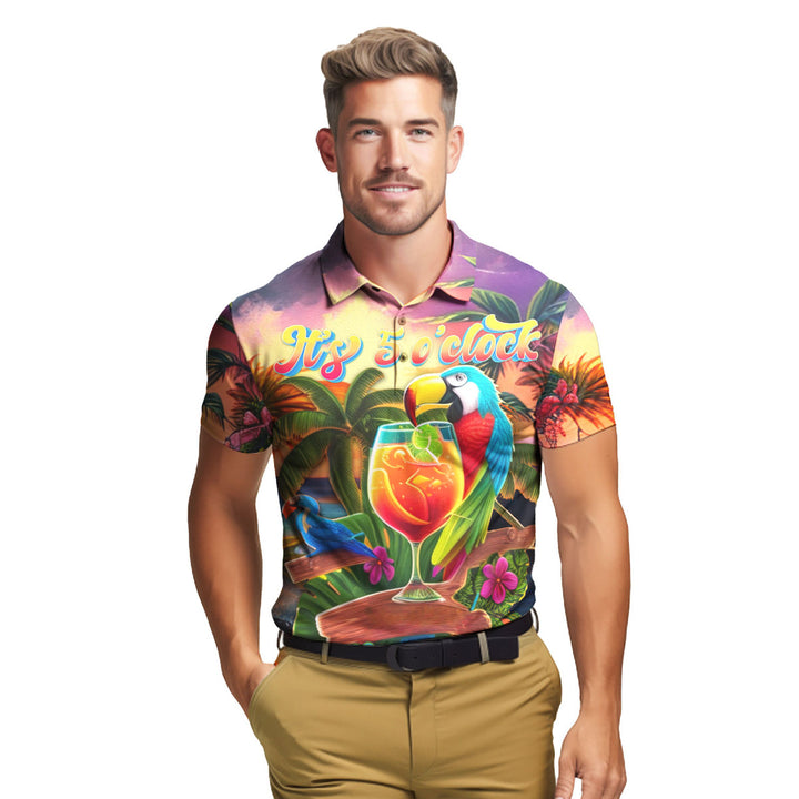 Parrot It's Five O'clock Somewhere Cocktail Tropical Polo Shirt For Men