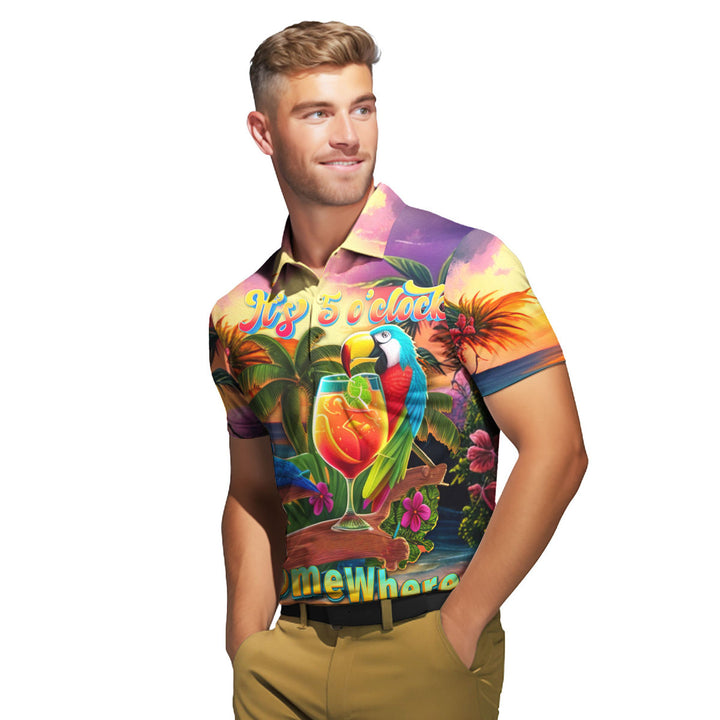 Parrot It's Five O'clock Somewhere Cocktail Tropical Polo Shirt For Men