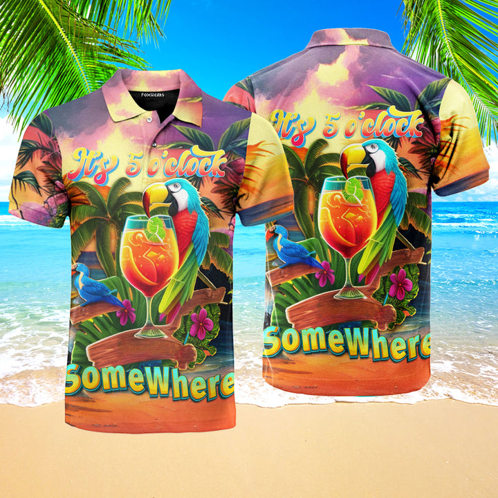 Parrot It's Five O'clock Somewhere Cocktail Tropical Polo Shirt For Men