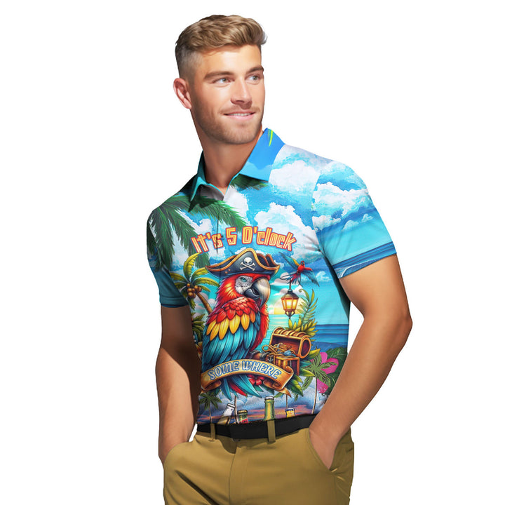 Parrot It's 5 O'Clock Somewhere Beer Party On The Beach Blue Polo Shirt For Men