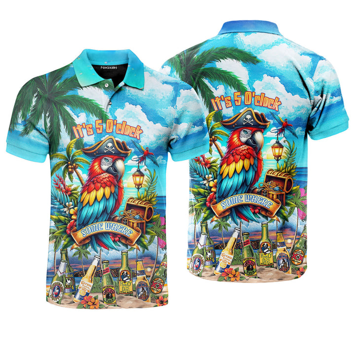 Parrot It's 5 O'Clock Somewhere Beer Party On The Beach Blue Polo Shirt For Men