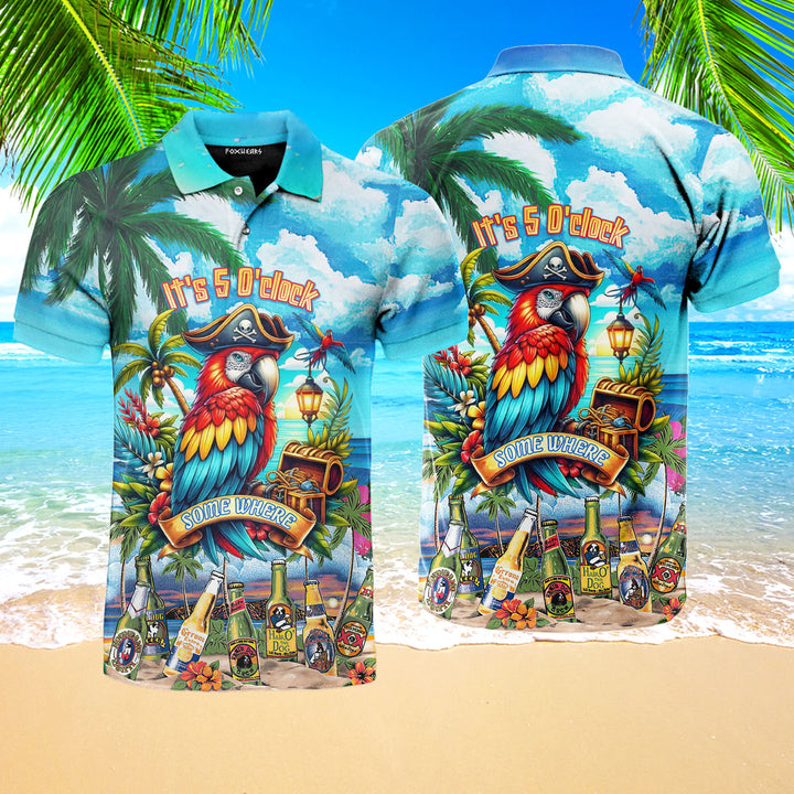 Parrot It's 5 O'Clock Somewhere Beer Party On The Beach Blue Polo Shirt For Men