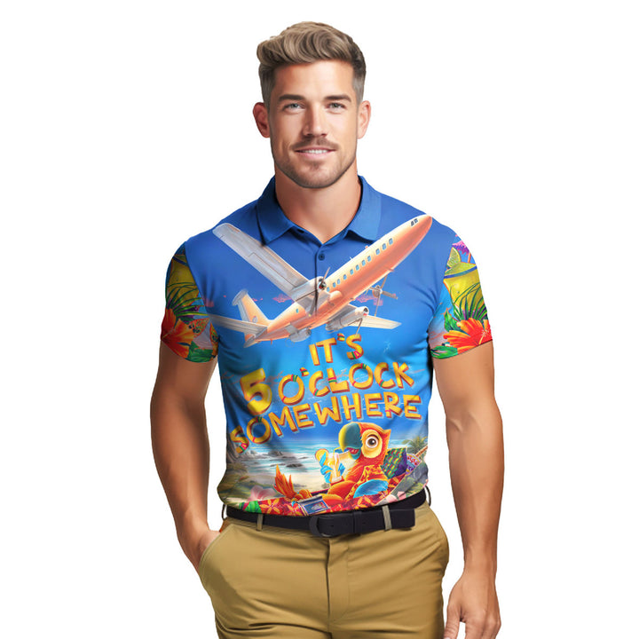 It's Five O'clock Somewhere Parrot Tropical Polo Shirt For Men