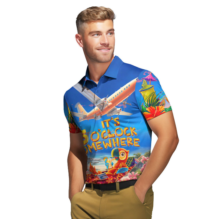 It's Five O'clock Somewhere Parrot Tropical Polo Shirt For Men