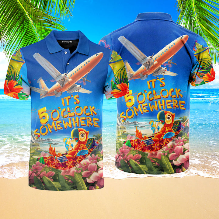 It's Five O'clock Somewhere Parrot Tropical Polo Shirt For Men