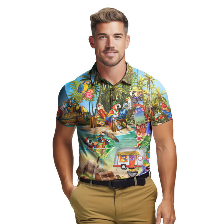 Parrots Cocktail Party In Hawaii Island Polo Shirt For Men