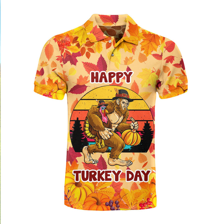 Thanksgiving Bigfoot With Pumpkin And Turkey Polo Shirt For Men