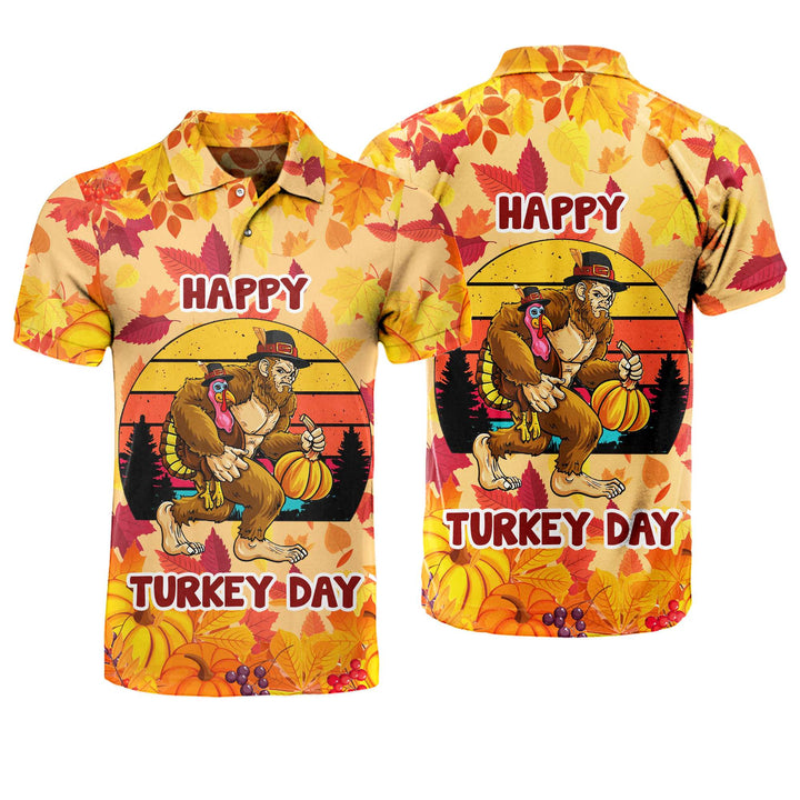 Thanksgiving Bigfoot With Pumpkin And Turkey Polo Shirt For Men