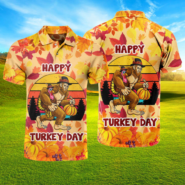 Thanksgiving Bigfoot With Pumpkin And Turkey Polo Shirt For Men