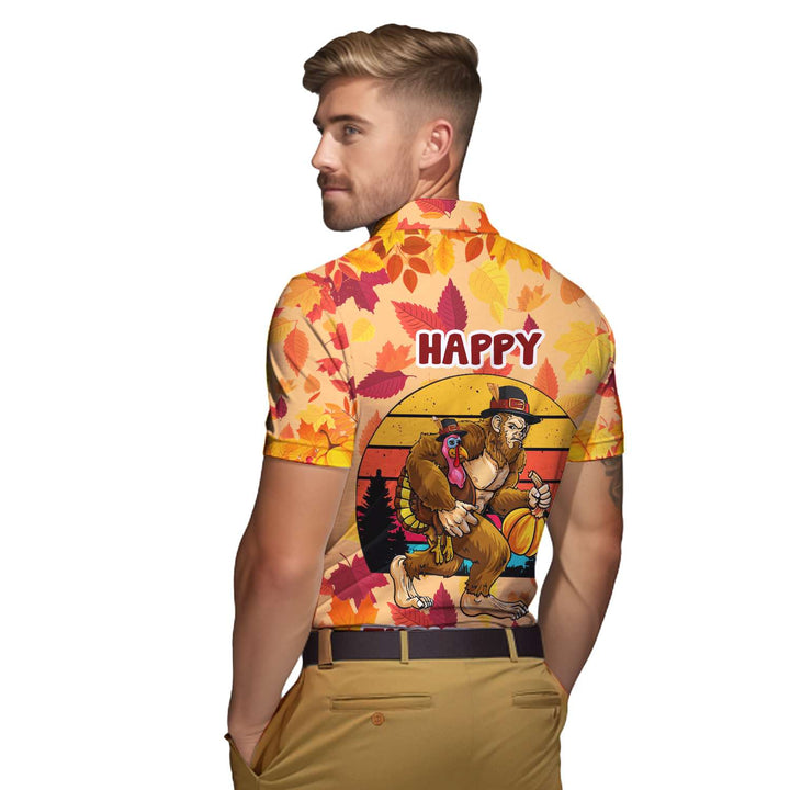 Thanksgiving Bigfoot With Pumpkin And Turkey Polo Shirt For Men