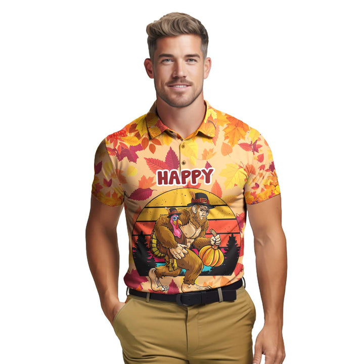 Thanksgiving Bigfoot With Pumpkin And Turkey Polo Shirt For Men