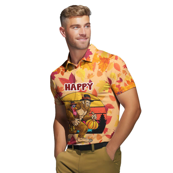 Thanksgiving Bigfoot With Pumpkin And Turkey Polo Shirt For Men