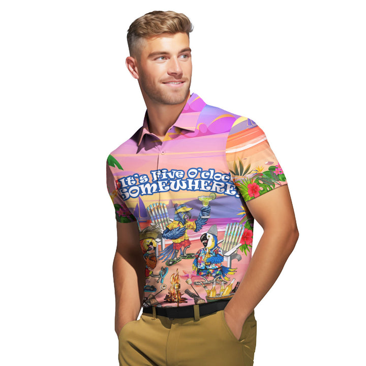 It's 5 O'clock Somewhere Parrot Beach Party Pink Polo Shirt For Men